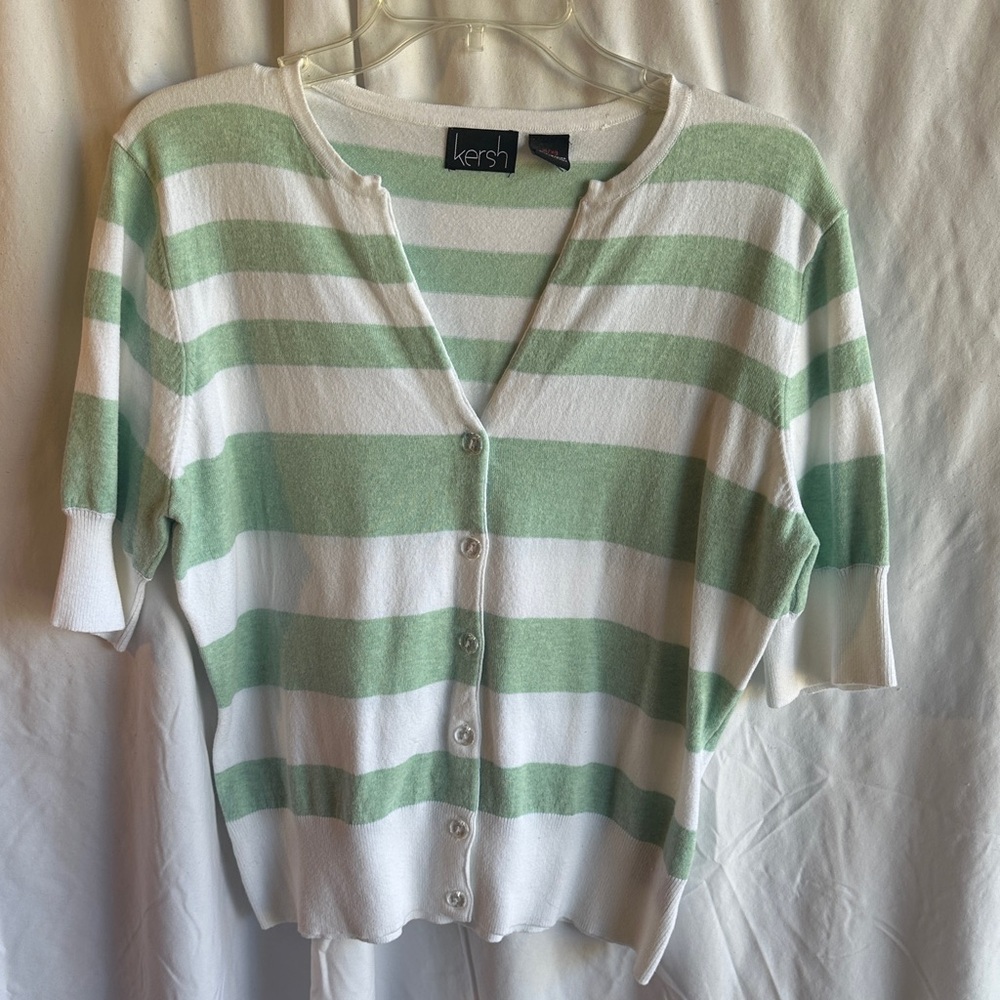 Kersh Mint and White Striped Button Up Sweater XL